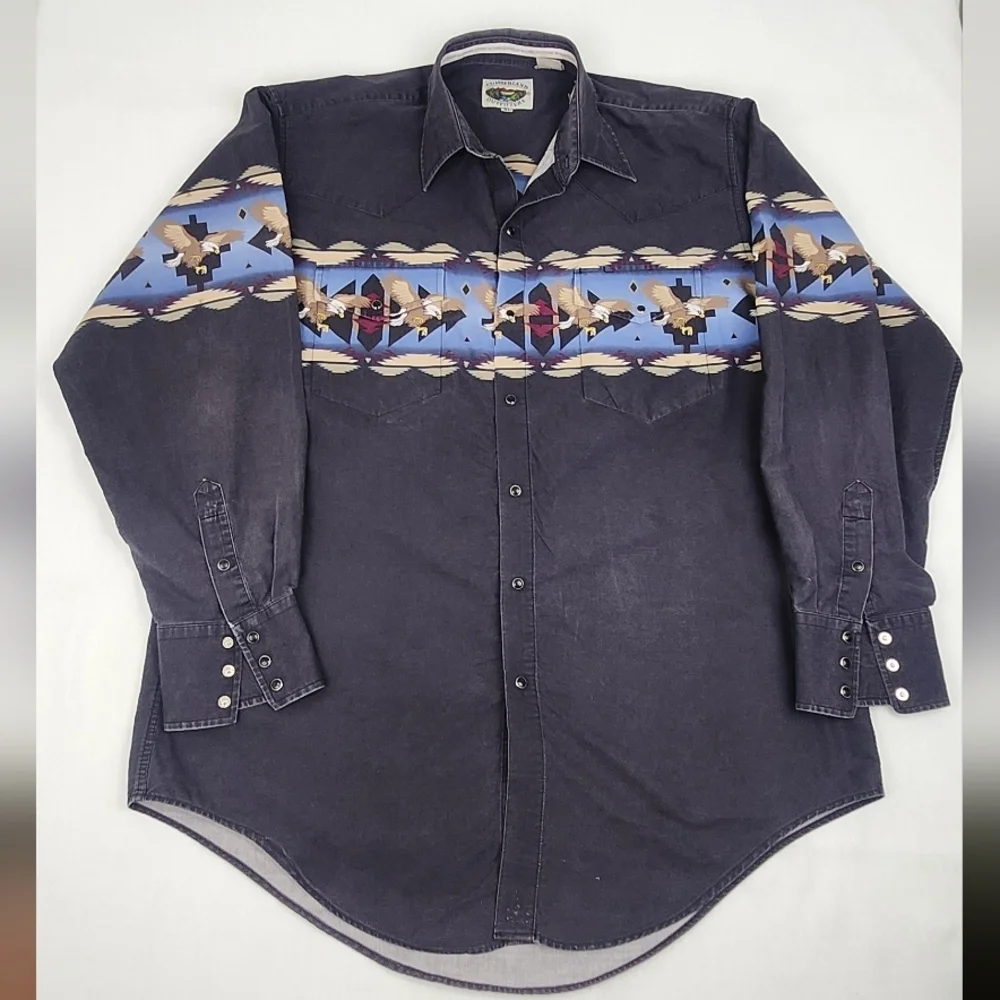 Cumberland Outfitters Western Bald Eagle Black Snap Button Down - Picture 1 of 6